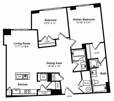 Floor plan for 2 beds, 2 baths, 1100 sqft